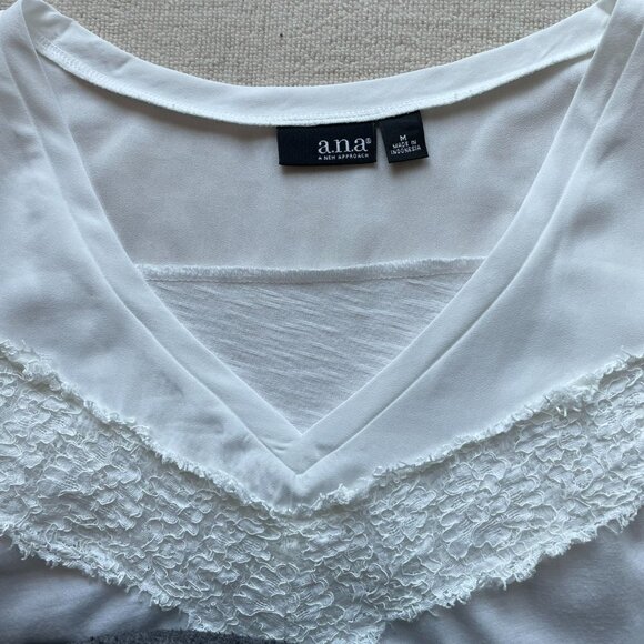 a.n.a. Women's Dressy Tee V-Neck White Sheer Yoke and Short Sleeves Size Medium - Picture 3 of 7